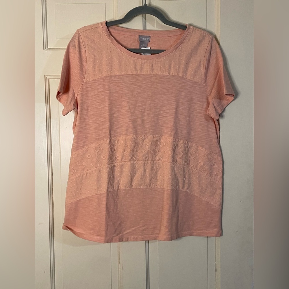 Chico's  Sz. 1 (8-10) Blush Peach Embroidered Panel Short Sleeve Tee NWT